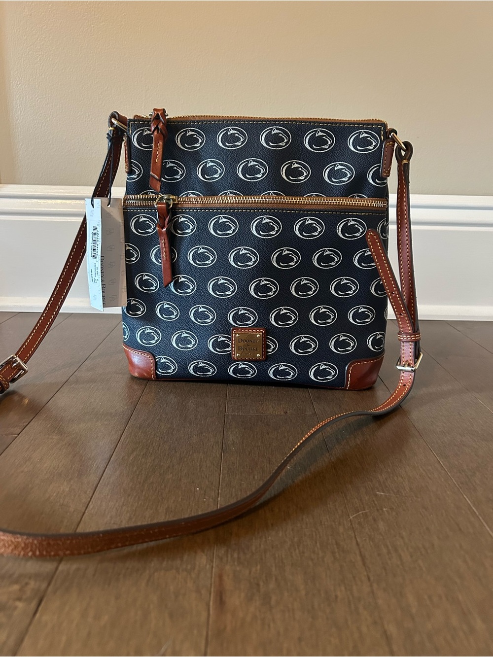 Dooney & Bourke Navy Logo Crossbody with Brown Leather Trim